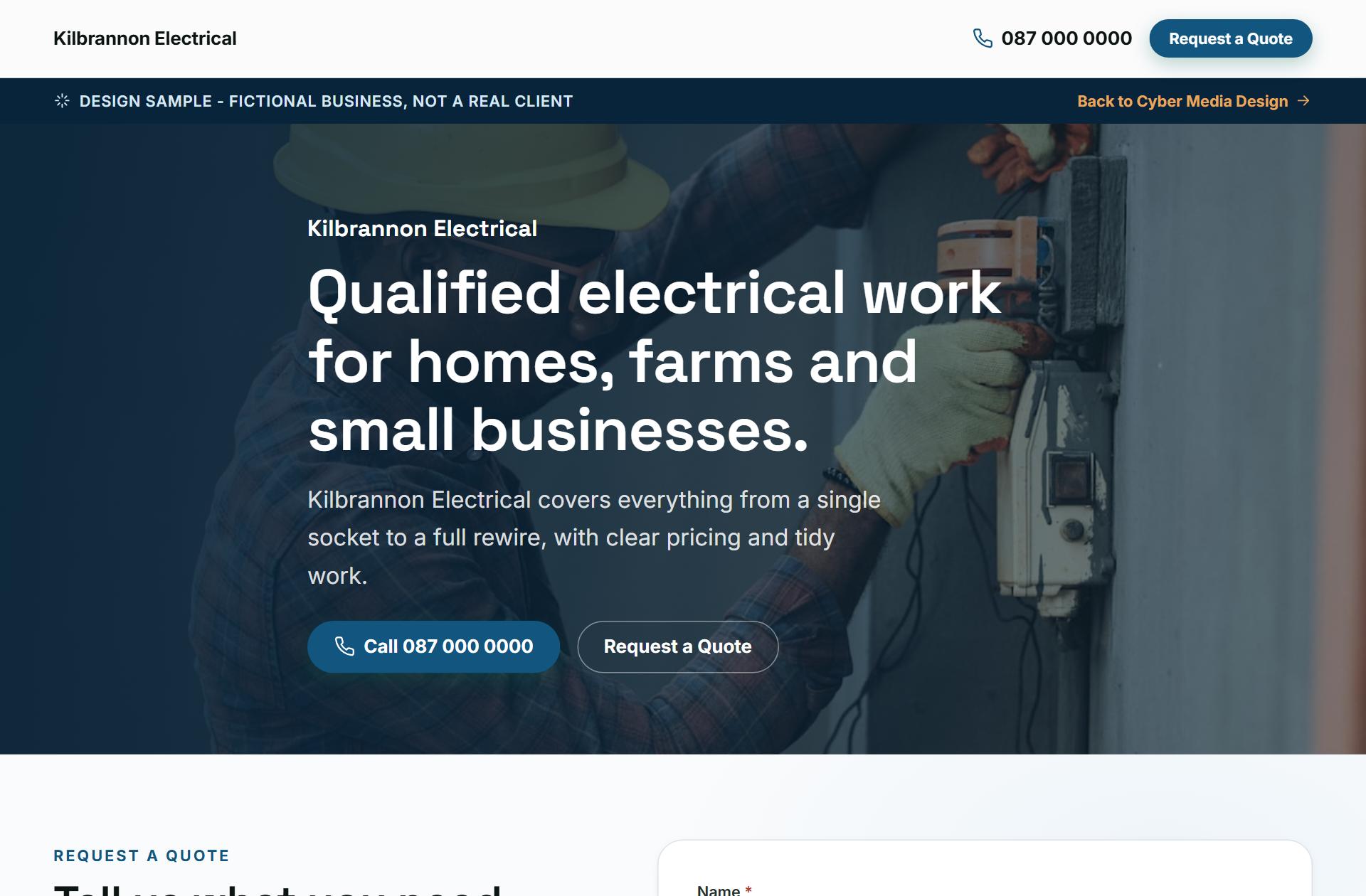 The Kilbrannon Electrical concept design: a dark header with the trade name, a headline about electrical work, and a prominent call button.