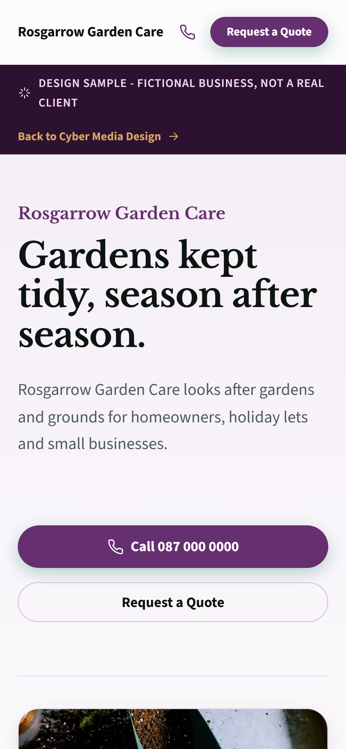 The same Rosgarrow Garden Care design on a phone: the business name and menu across the top, the headline stacked over three lines, and the call and quote buttons full width underneath.