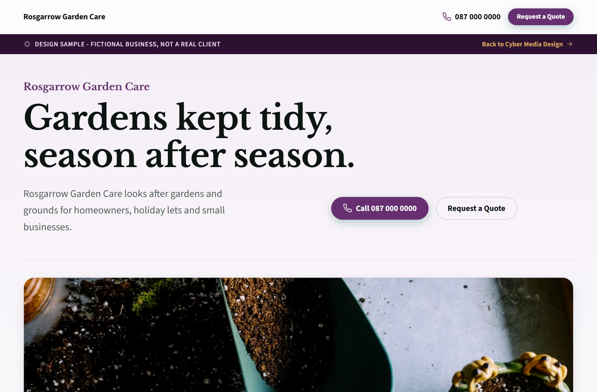 The Rosgarrow Garden Care concept design: a wide photograph of a cut lawn behind the business name, with the services listed below.